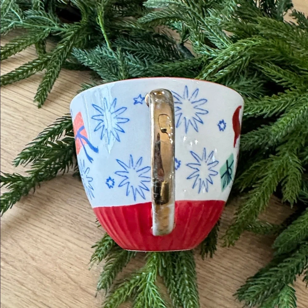 Anthropologie Emily Isabella Santa Christmas Holiday Spirit Mug Gold Handle